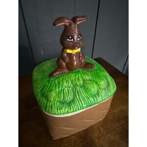 Vintage 70s Easter Bunny On Woven Basket Ceramic Candy Dish W/ Lid